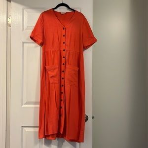 Coral Button Front Midi Dress